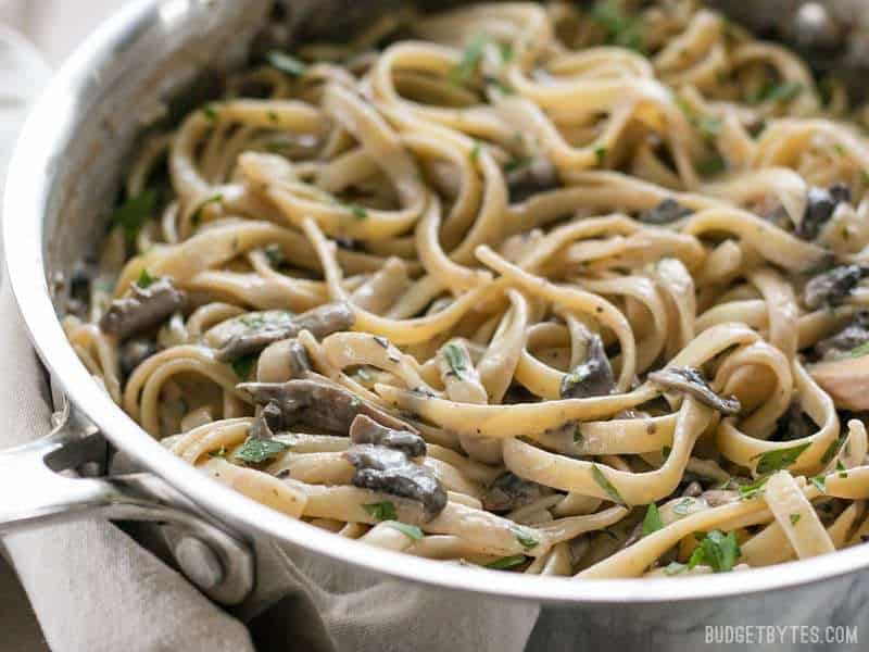 This rich and Creamy Mushroom Herb Pasta is a surprisingly fast and simple to way to have a gourmet meal at home. BudgetBytes.com Close up of Creamy Mushroom Herb Pasta in the side, viewed from the side