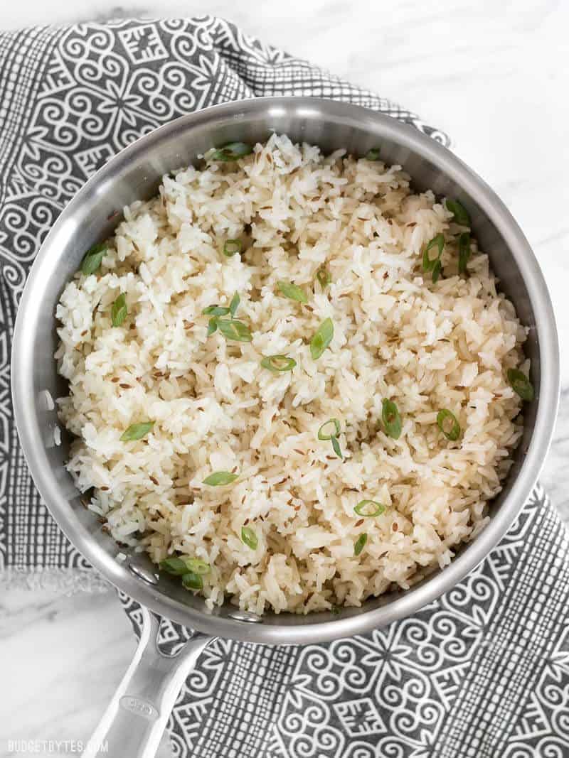Cumin rice is an earthy and slightly peppery dish that can be used as the base for many meals. You'll never want to make plain rice again! BudgetBytes.com A pot of cumin rice garnished with sliced green onion, sitting on a patterned napkin.