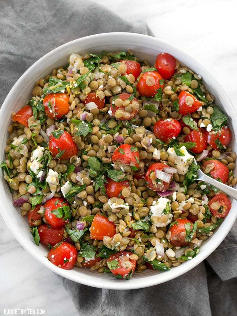 Marinated Lentil Salad is bright and flavorful, and infused with bold flavors like garlic and lemon. BudgetBytes.com Overhead view of a large bowl of Marinated Lentil Salad with a fork stuck in the side