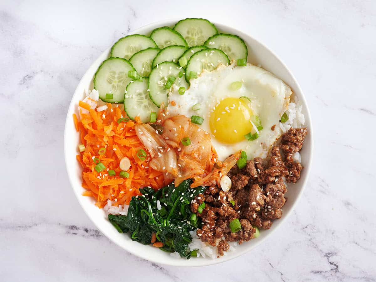 Finished bibimbap bowl meal.