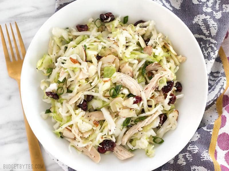 This Chicken and Cranberry Salad combines tender cabbage, nutty almonds, sweet cranberries and a tart lemon poppy seed dressing, plus enough chicken to make it a meal. BudgetBytes.com Overhead view of Chicken and Cranberry Salad with a purple napkin and gold fork