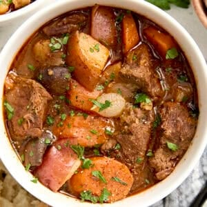 Overhead close up of Instant Pot beef stew in a bowl.