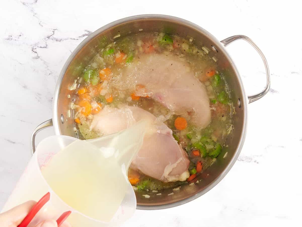 Chicken breasts and broth added to a soup pot.