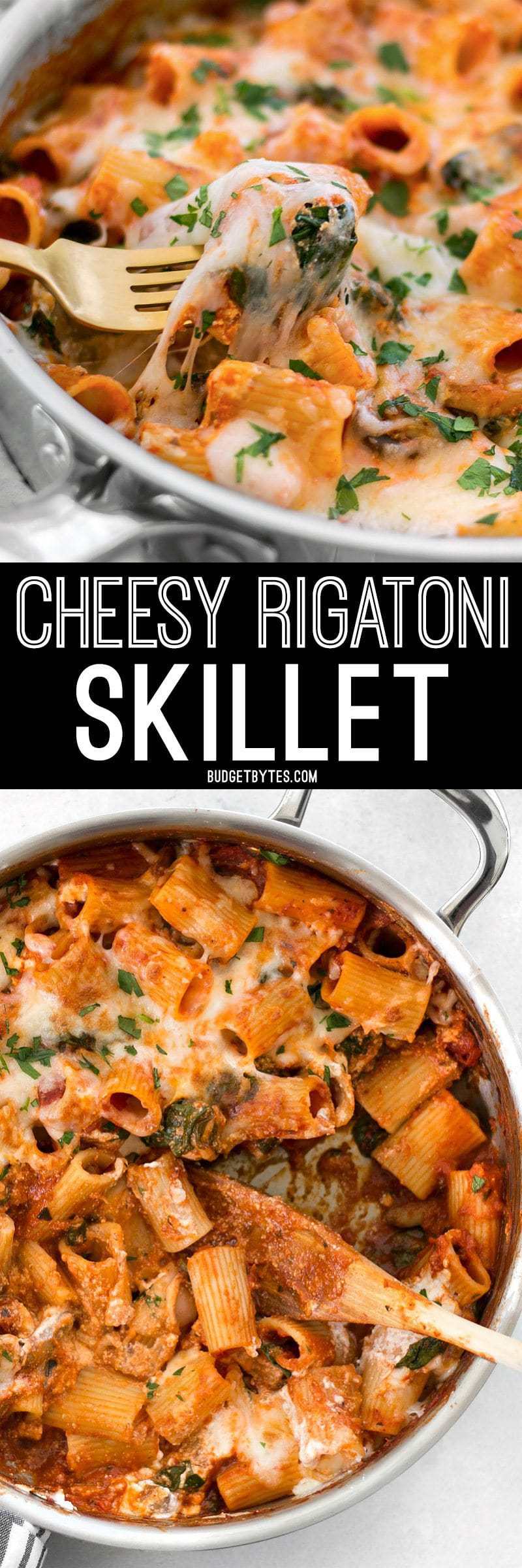 This Cheesy Rigatoni Skillet is a fast comfort meal for when you need dinner on the table fast! Like a fee-form lasagna packed with mushrooms and spinach. BudgetBytes.com