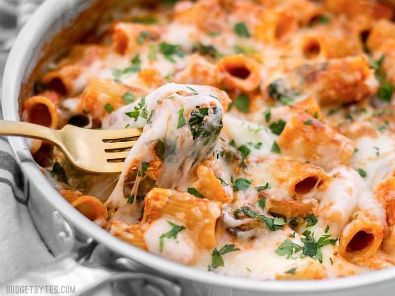 This Cheesy Rigatoni Skillet is a fast comfort meal for when you need dinner on the table fast! Like a fee-form lasagna packed with mushrooms and spinach. BudgetBytes.com Close up of a fork pulling a cheesy bite of Cheesy Rigatoni out of the skillet