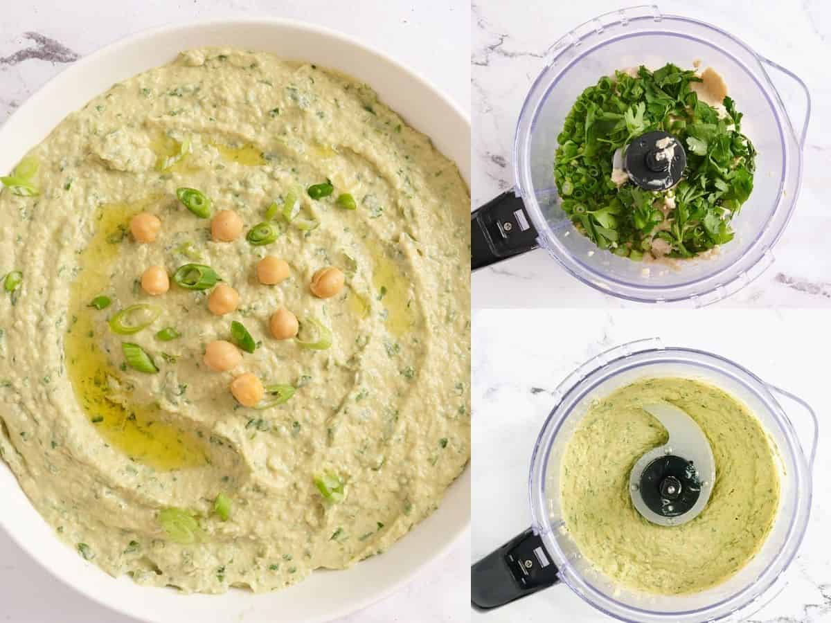 Homemade hummus is quick, easy, and inexpensive, and can be made with several different flavor add-ins. Here are four delicious flavors to try. Budgetbytes.com A collage of scallion parsley hummus process photos.