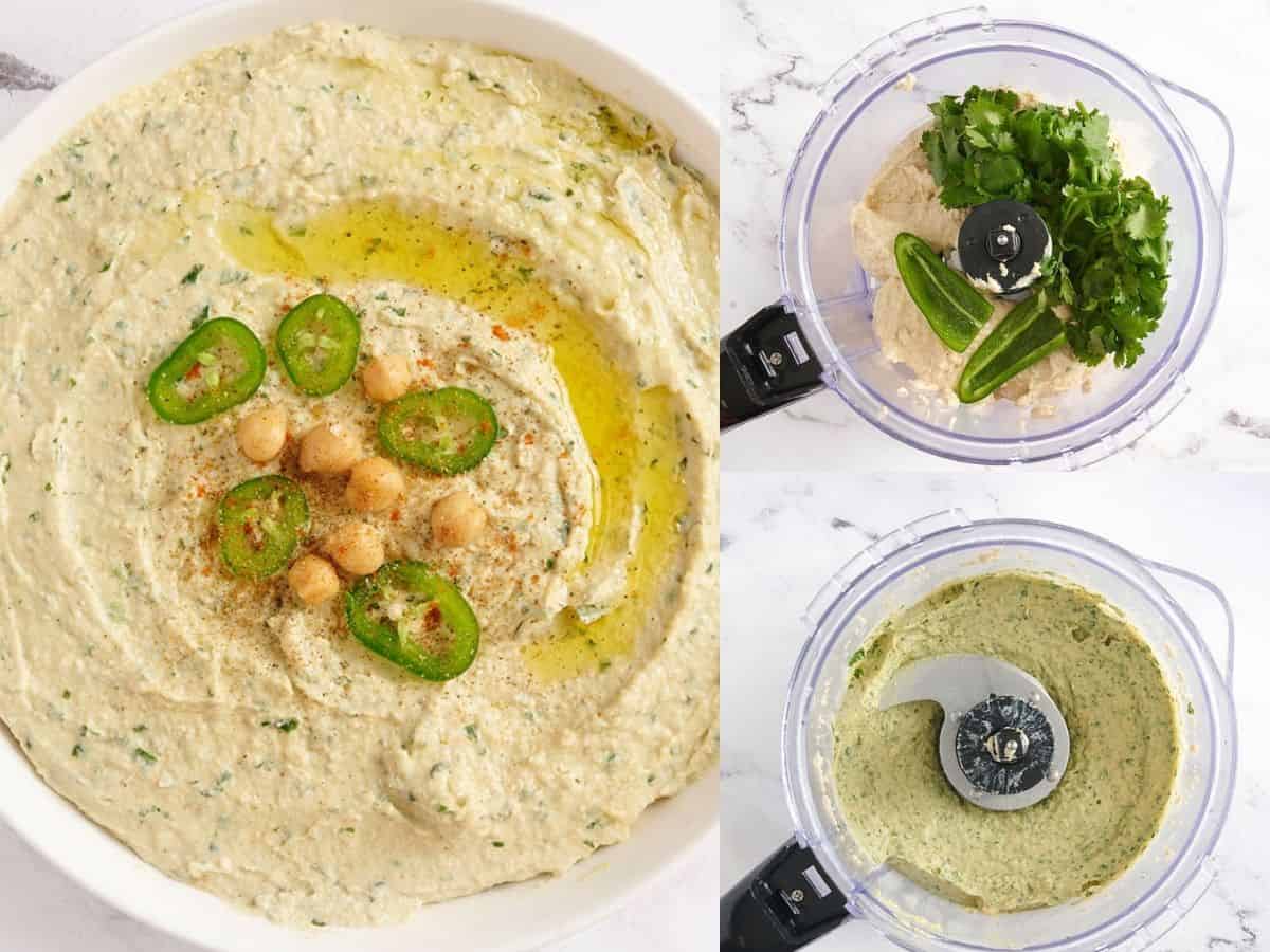 Homemade hummus is quick, easy, and inexpensive, and can be made with several different flavor add-ins. Here are four delicious flavors to try. Budgetbytes.com A collage of jalapeno cilantro hummus process photos.