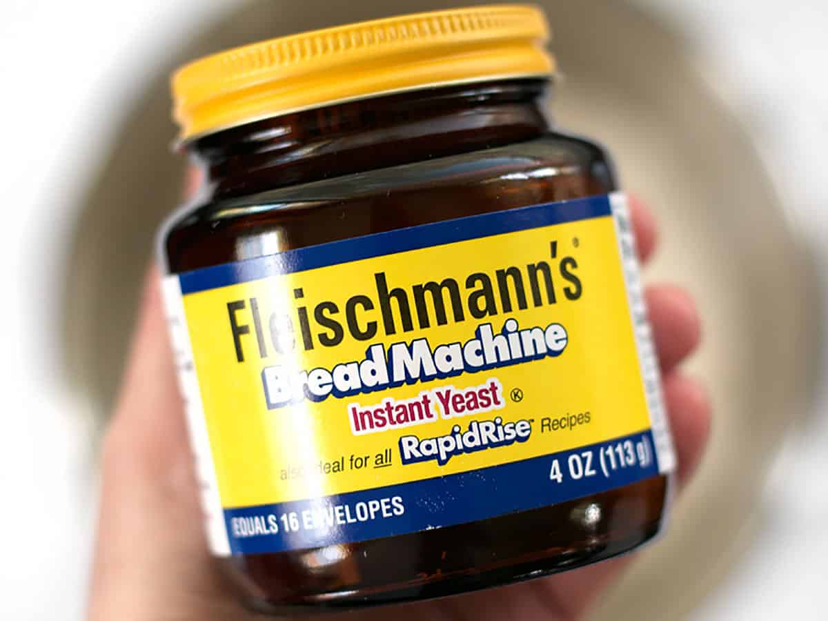 Close up of a jar of bread machine yeast.