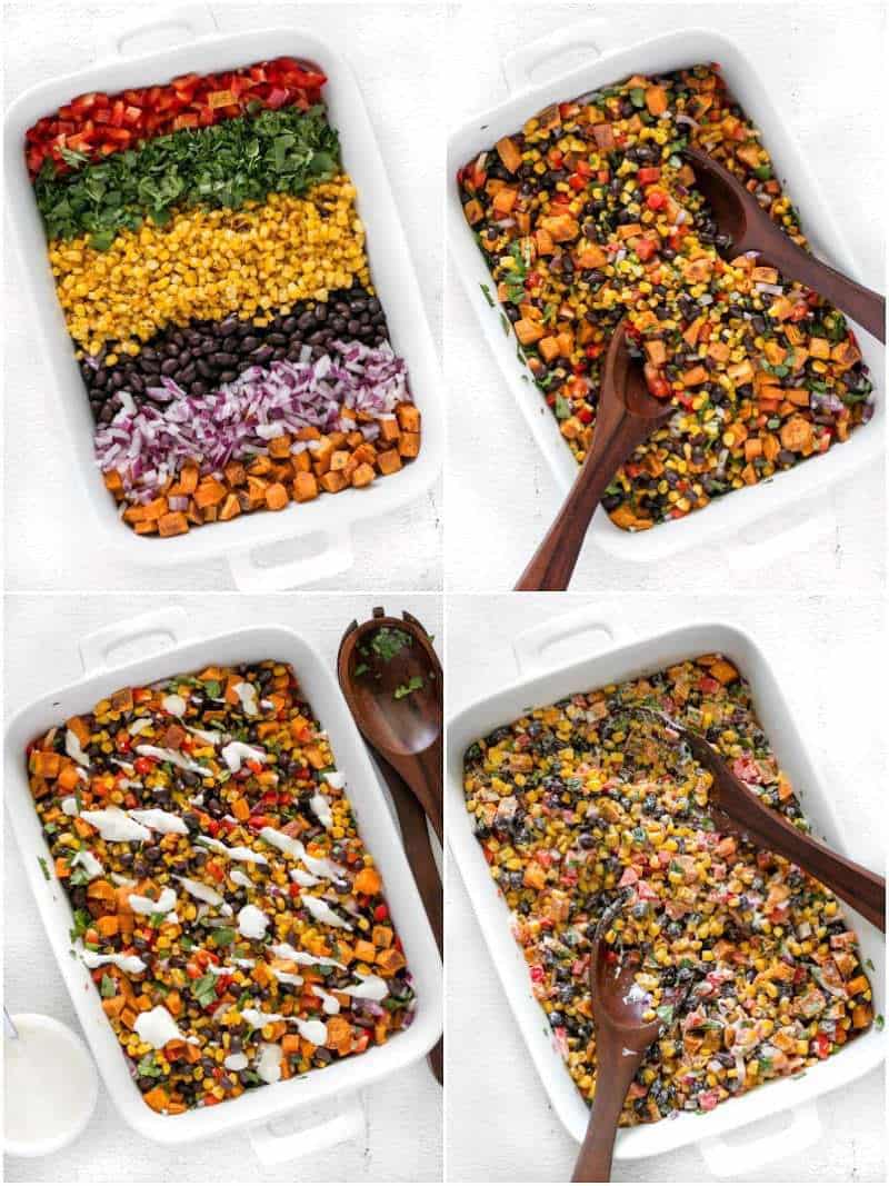 This Roasted Sweet Potato Rainbow Salad combines a medley of vibrant colors and flavors, brought together by a bright and creamy dressing. BudgetBytes.com Roasted Sweet Potato Rainbow Salad shown in four stages, unstirred, stirred, crema on top, crema stirred in.