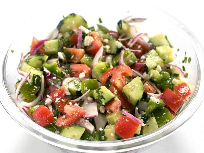 Super Fresh Cucumber Salad is a cold, crunchy, juicy mix of flavorful vegetables topped with a simple red wine and oregano vinaigrette. BudgetBytes.com Super Fresh Cucumber Salad from the front