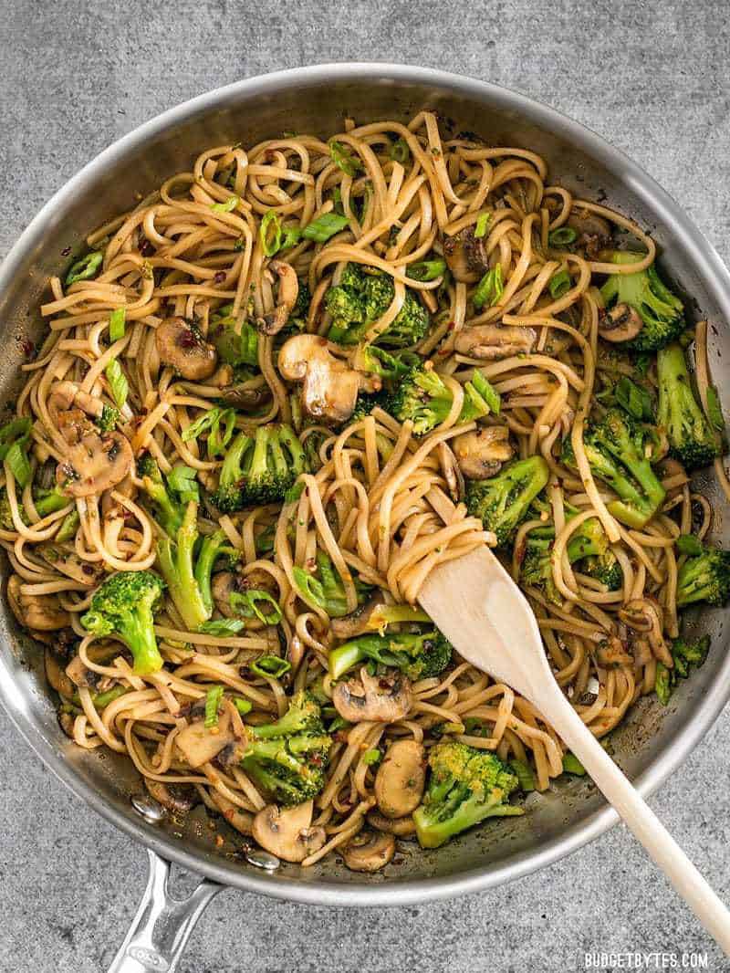 With just a few ingredients you can make these easy and delicious Mushroom Broccoli Stir Fry Noodles for a fast weeknight dinner. BudgetBytes.com A large skillet full of Mushroom Broccoli Stir Fry Noodles, some wound around a wooden pasta fork