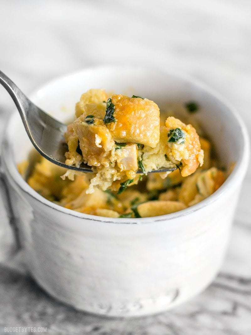 Use the leftovers in your fridge to make this delicious and filling 5 Minute Savory Microwave Breakfast Mug. Fast and easy! BudgetBytes.com Close up of a forkful of microwave breakfast mug, with the rest of the mug in the background