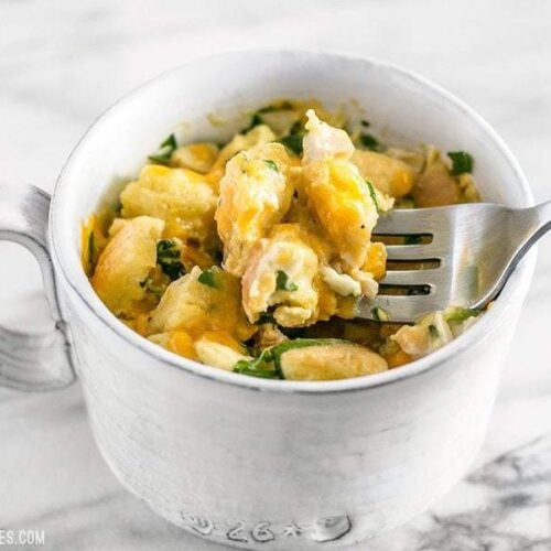 Use the leftovers in your fridge to make this delicious and filling 5 Minute Savory Microwave Breakfast Mug. Fast and easy! BudgetBytes.com