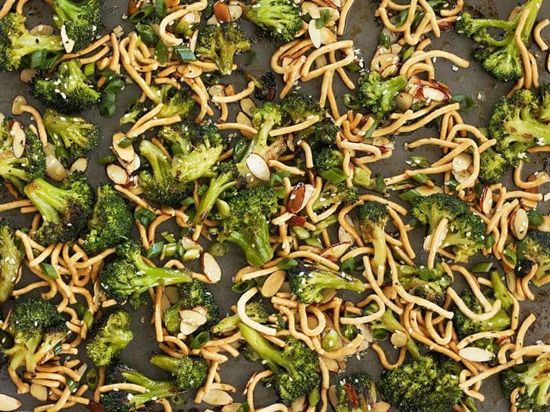 This crunchy, sweet, and salty Roasted Broccoli Salad with Almonds is my favorite way to get my vegetables and goes great with any Asian inspired meal. Budgetbytes.com Finished Roasted Broccoli Salad with Almonds