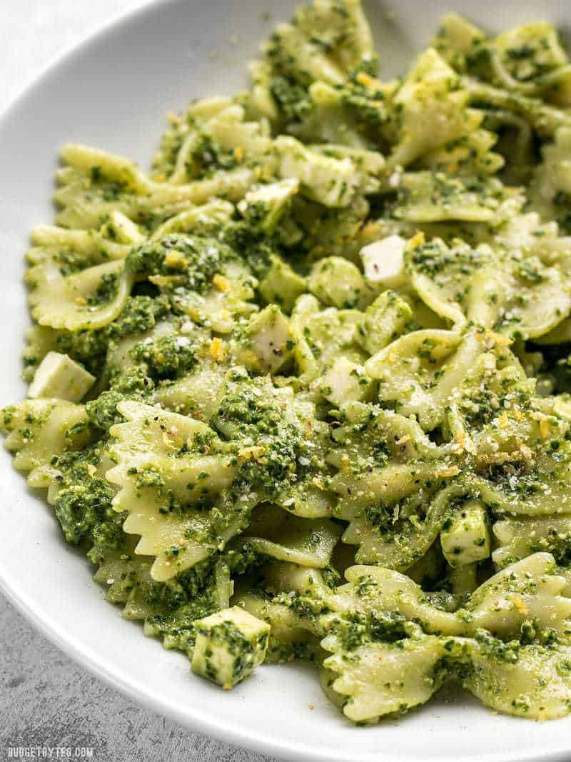 Kale makes a great inexpensive and earthy pesto! Dress up this Kale Pesto pasta with add-ins to make it a meal, or keep it simple for the perfect summer side. BudgetBytes.com Close up of a bowl full of Kale Pesto pasta