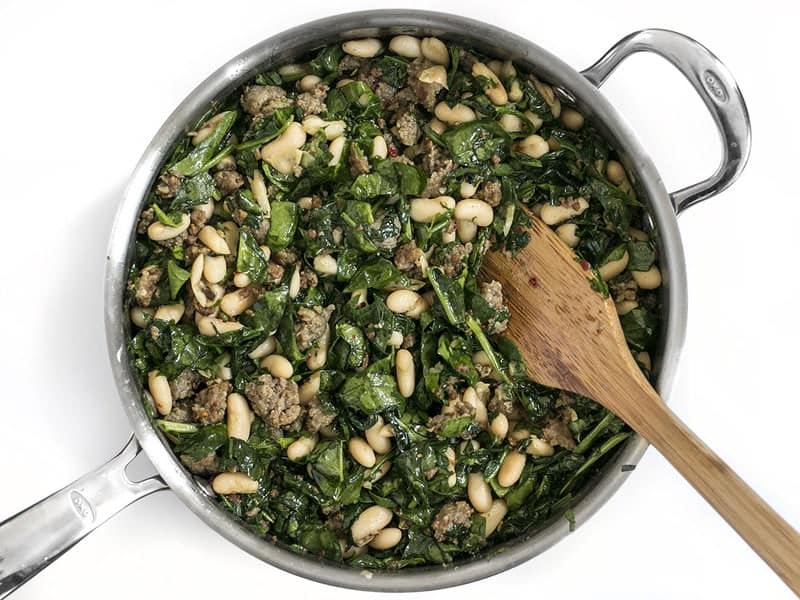It doesn't get easier than this high protein, high fiber, high FLAVOR Italian Sausage and White Bean Skillet! BudgetBytes.com Finished Italian Sausage and White Bean Skillet