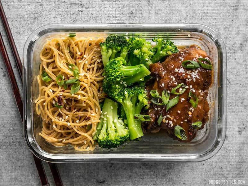 Close up of one Sticky Ginger Soy Glazed Chicken Meal Prep container