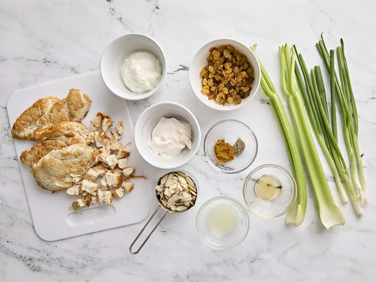 The ingredients for curry chicken salad.