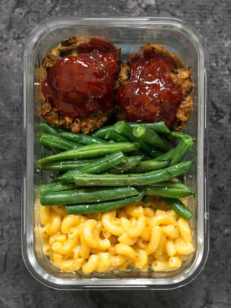 It's comfort food in a box! You'll look forward to eating this veggie-packed Garden Vegetable Turkey Loaf Meal Prep for lunch every day. BudgetBytes.com One Garden Vegetable Turkey Loaf Meal Prep container close up