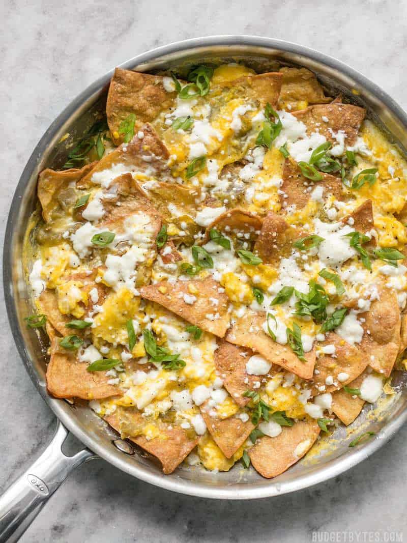 Green Chile Migas is a fast and inexpensive egg dish that is flavorful and filling any time of day, not just for breakfast! BudgetBytes.com Green Chile Migas is a fast and inexpensive egg dish that is flavorful and filling any time of day, not just for breakfast! BudgetBytes.com