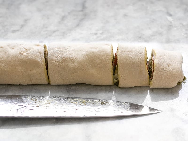 Rolled and sliced stuffed dough