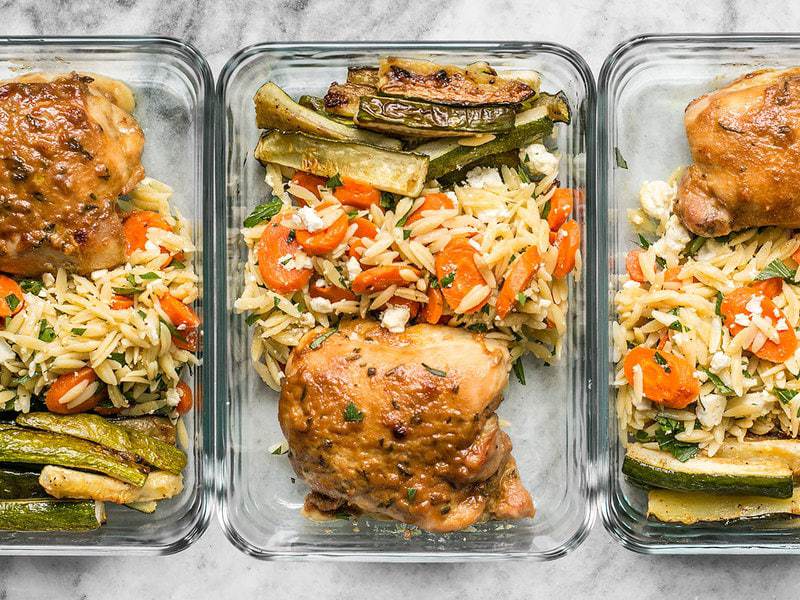 This week's Maple Dijon Chicken Thigh Meal Prep is all about oven roasting, fall flavors, and lots of vegetables. BudgetBytes.com Three Maple Dijon Chicken Thigh Meal Prep containers in a row