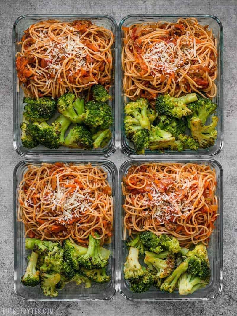 This simple Spaghetti Meal Prep is hiding a ton of good-for-you vegetables in a classic comforting dish. BudgetBytes.com Four Spaghetti Meal Prep containers