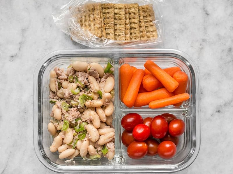 Tuna and White Bean Meal Prep One Tuna and White Bean Meal Prep container with crackers on the side