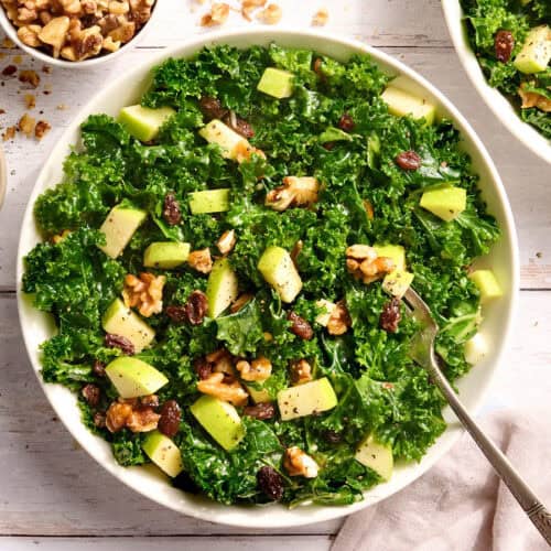 Overhead view of an easy kale salad in a bowl.