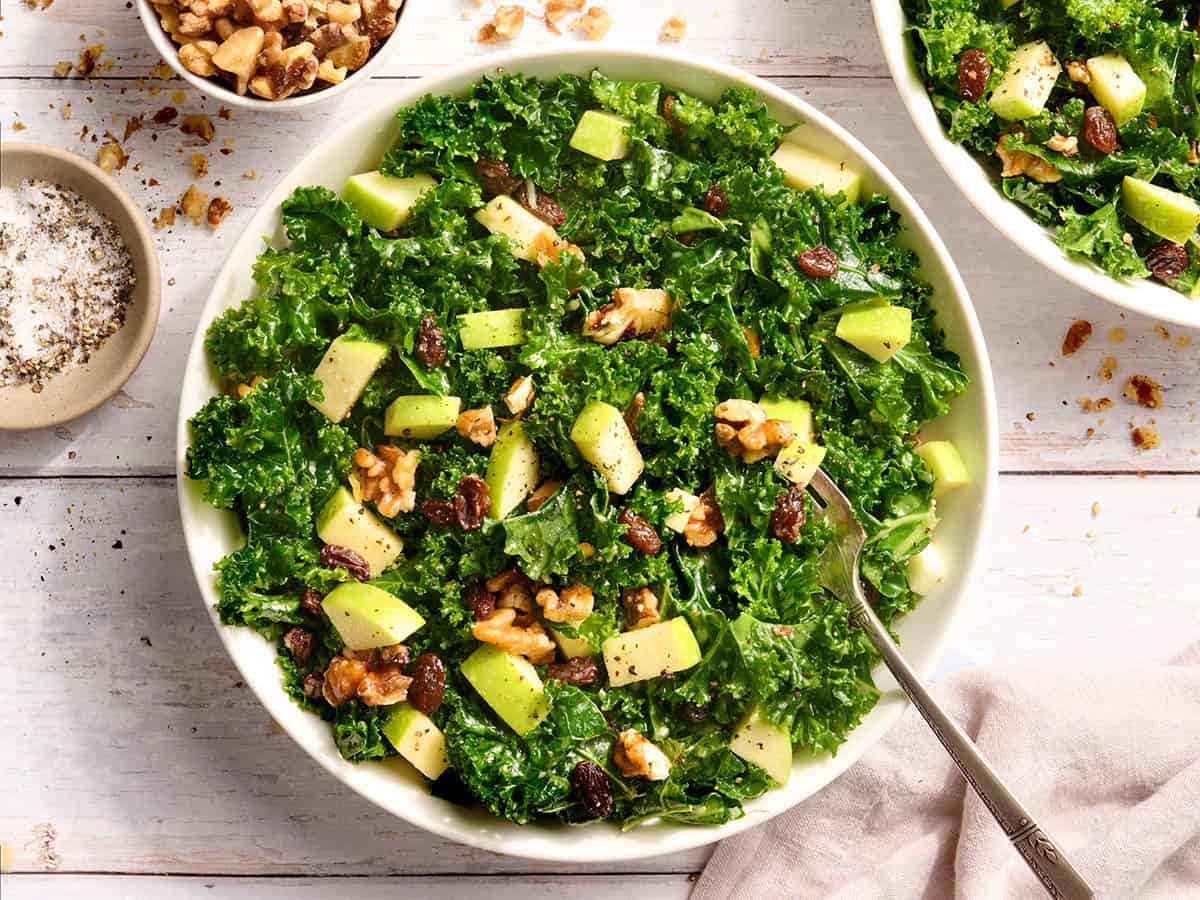 Overhead view of an easy kale salad in a bowl.
