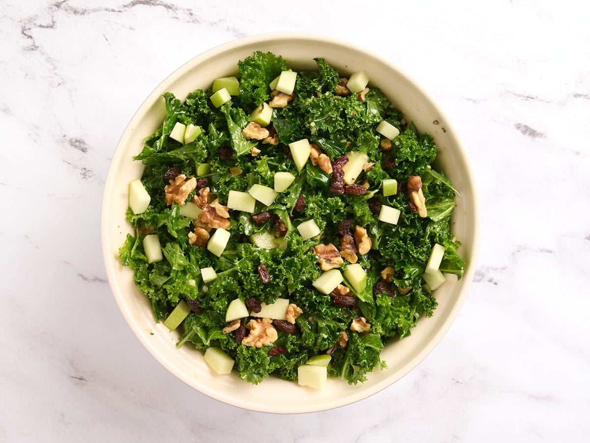 Finished kale salad in a bowl.