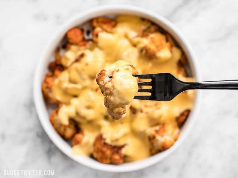 Spicy Roasted Cauliflower with Cheese Sauce is a delicious low-carb way to get your rich, creamy, cheesy fix! Step by step photos. Budgetbytes.com Close up of Spicy Roasted Cauliflower with Cheese Sauce on a fork