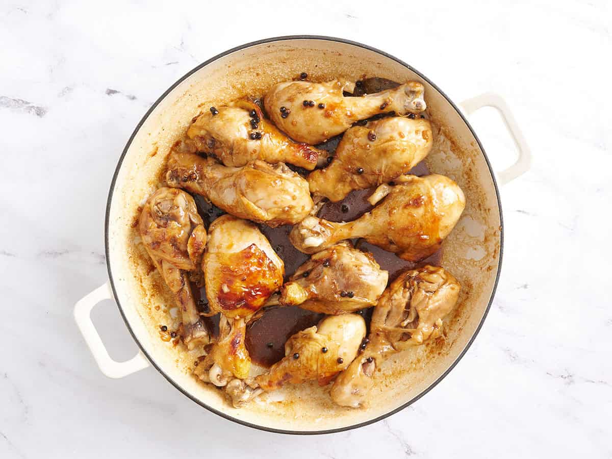 Finished chicken adobo in a pot.