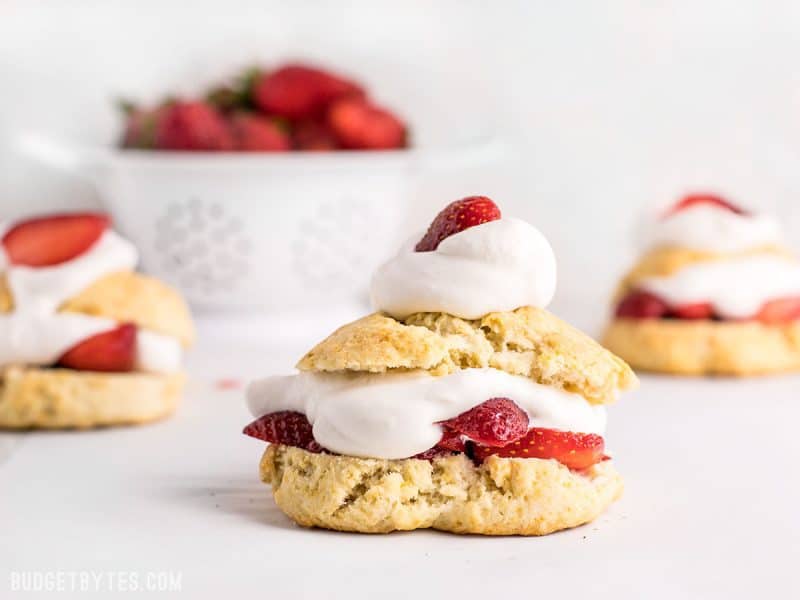 Strawberry Shortcake is a simple yet impressive dessert that requires nothing but some fresh fruit and a few pantry staples. BudgetBytes.com Side view of three Strawberry Shortcakes with a bowl of strawberries in the background