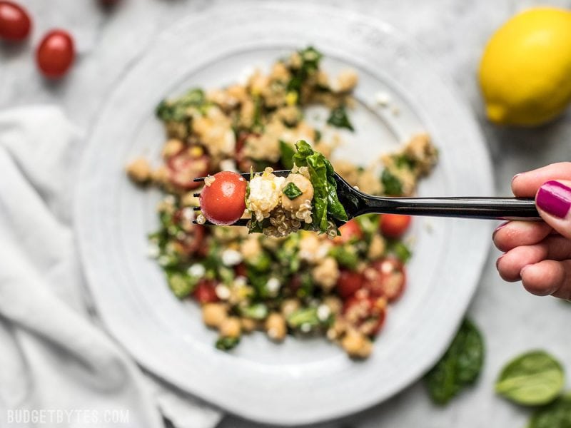 This Spinach Chickpea and Quinoa Salad is an awesome base to build meals throughout the week and it holds up extremely well in the fridge, so you can eat better with less effort. BudgetBytes.com Close up shot of a forkful of Spinach Chickpea and Quinoa Salad with the plate in the background