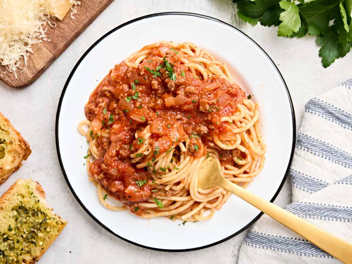 Overhead view of homemade pasta sauce with spaghetti on a plate with a fork.