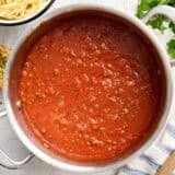 Overhead view of a pot of homemade pasta sauce.