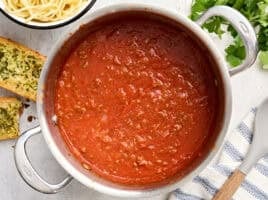 Overhead view of a pot of homemade pasta sauce.