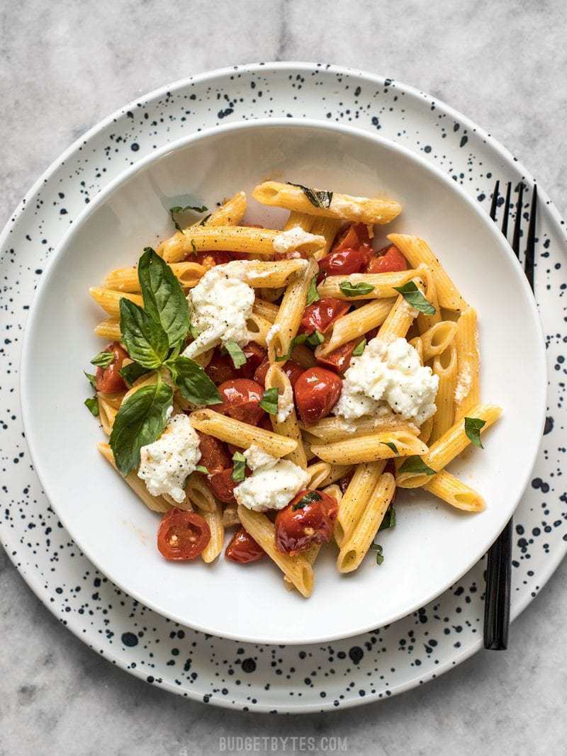 It only takes a few fresh ingredients make this Fresh Tomato Basil Pasta with Ricotta, the perfect light lunch or dinner for summer! BudgetBytes.com A shallow bowl full of Fresh Tomato Basil Pasta with Ricotta on a speckled plate.