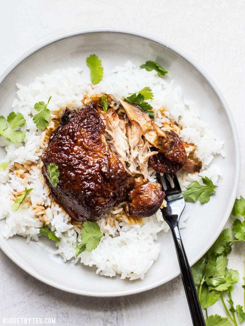 This Honey Hoisin Garlic Chicken from Jessica Gavin’s new cookbook is salty, sweet, and mouth-wateringly tender. BudgetBytes.com Honey Hoisin Garlic Chicken on a bed of white rice with cilantro