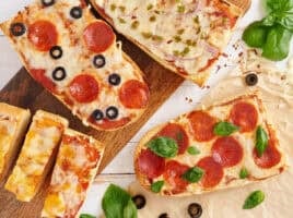 Overhead view of homemade French bread pizzas.