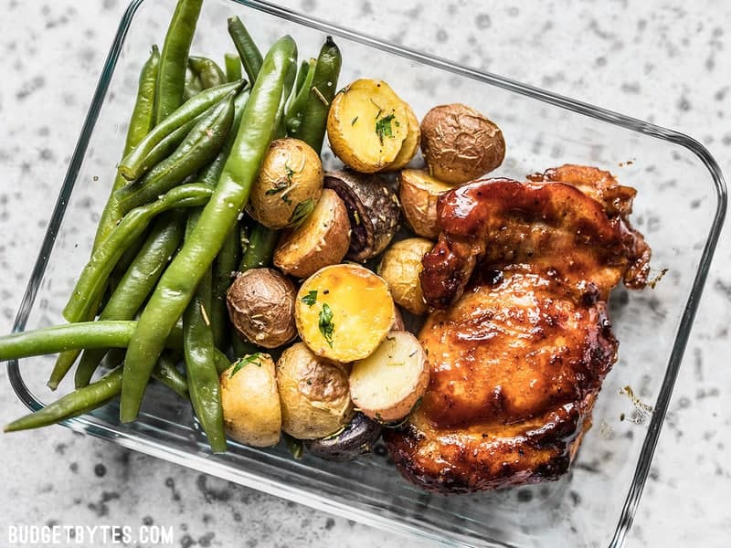 Take your meat and potatoes meal prep into the 21st century with this simple, yet elegant Glazed Chicken Meal Prep. Eating well has never been easier. Budgetbytes.com One glass Glazed Chicken Meal Prep container