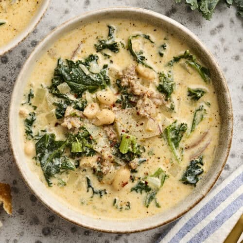 Overhead view of a bowl of zuppa toscana.