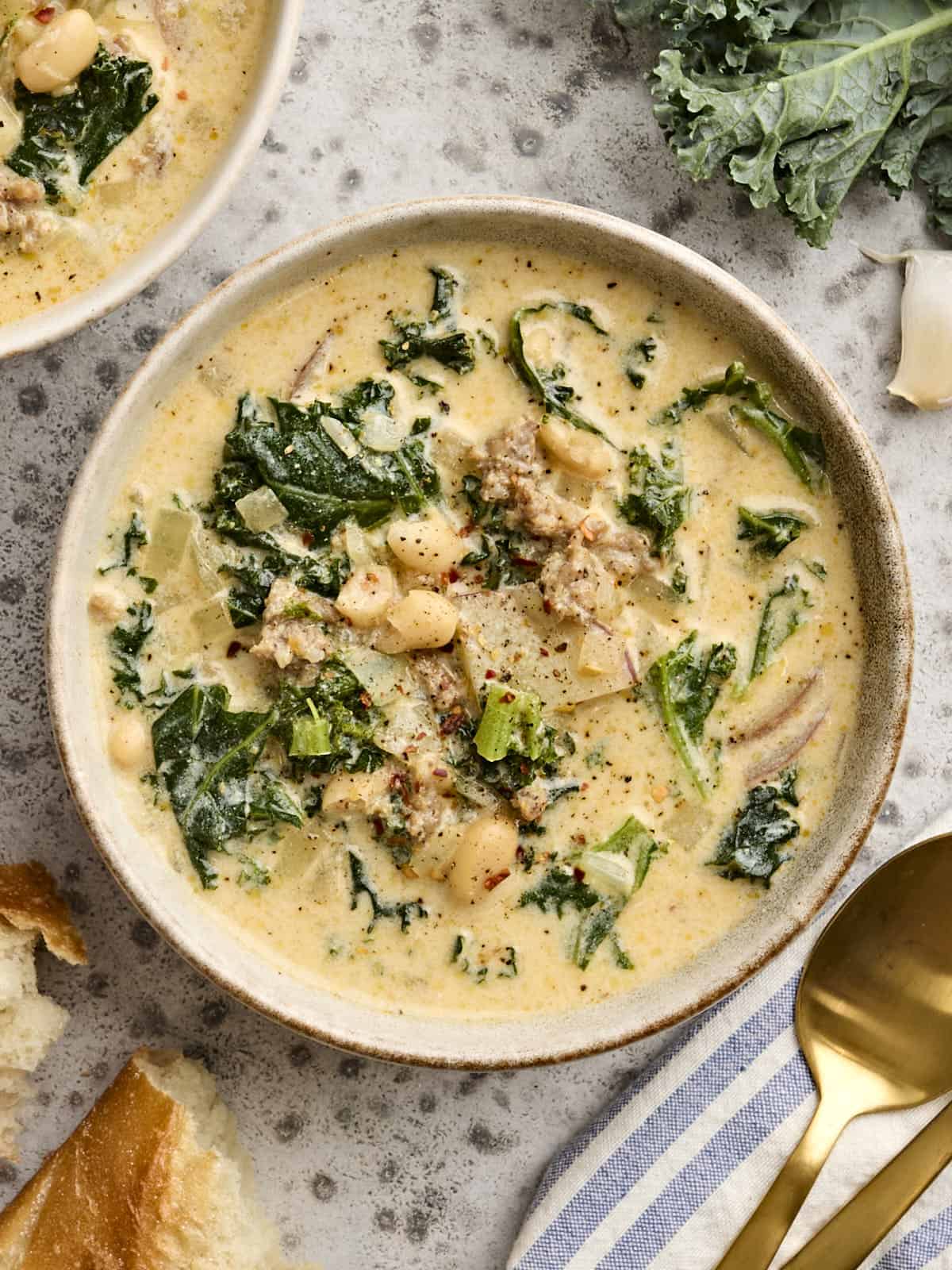 Overhead view of a bowl of homemade zuppa toscana.
