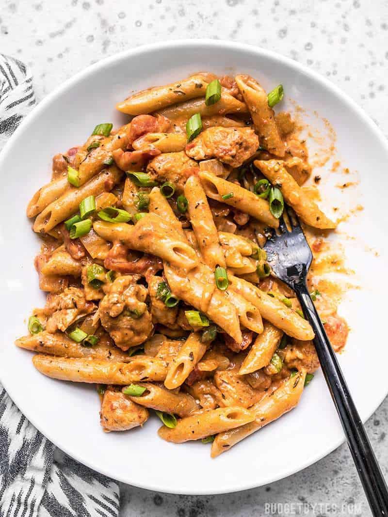 Cook a complete dinner in one pot with this Creamy Cajun Chicken Pasta, using mostly pantry-stable items. Perfect for busy weeknights! Budgetbytes.com A bowl full of One Pot Creamy Cajun Chicken Pasta being eaten.