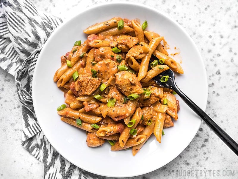 Cook a complete dinner in one pot with this Creamy Cajun Chicken Pasta, using mostly pantry-stable items. Perfect for busy weeknights! Budgetbytes.com A bowl full of One Pot Creamy Cajun Chicken Pasta