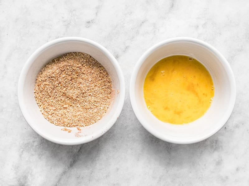 Seasoned Breadcrumbs and Whisked Egg.