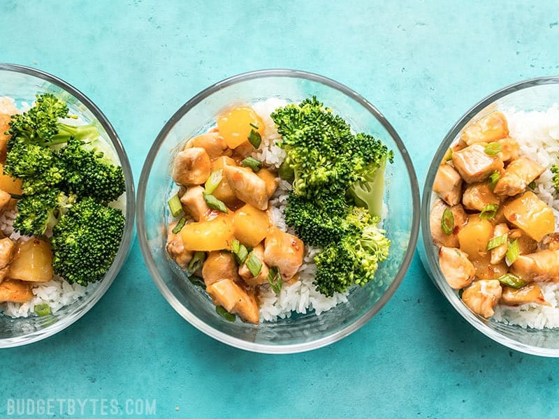Sweet Chili Chicken Stir Fry Bowls use my favorite "formula" for keeping weeknight dinners simple and effortless. Customize the formula to make your own! Budgetbytes.com Three bowls of Sweet Chili Chicken Stir Fry