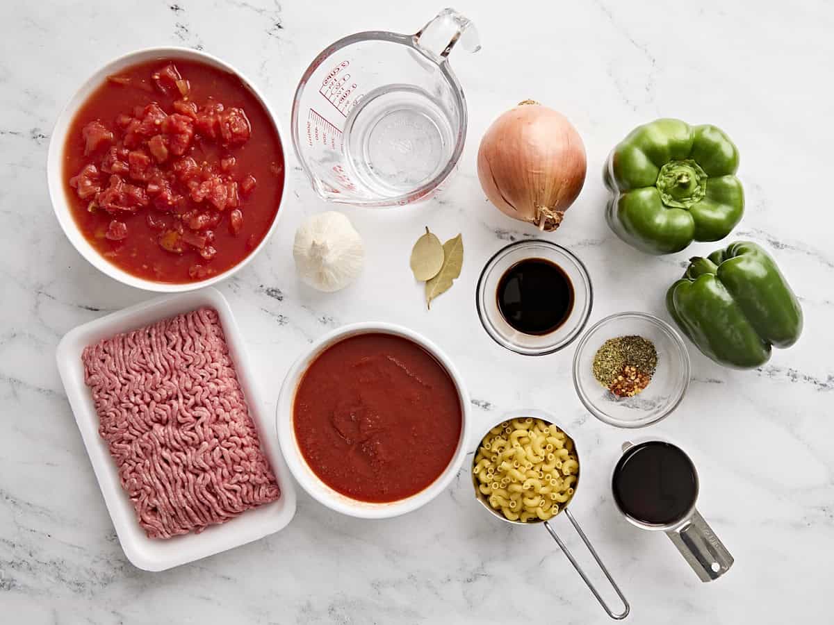 The ingredients for American goulash.