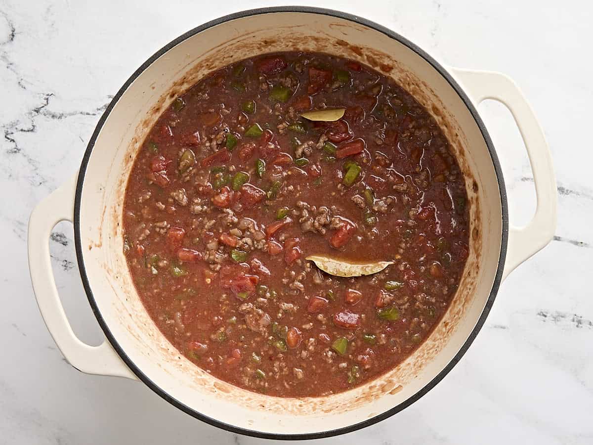 A soup pot of homemade American goulash, without the pasta, after simmering.